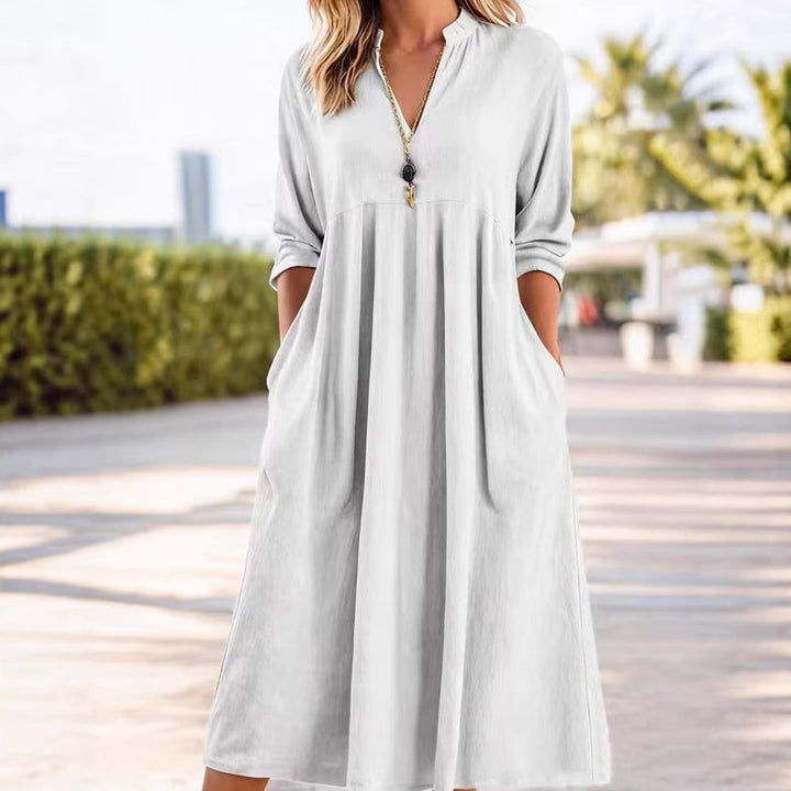 Casual V-Neck Midi Dress with Pockets