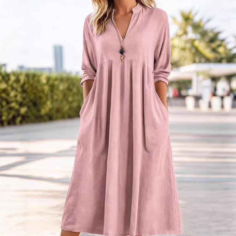 Casual V-Neck Midi Dress with Pockets