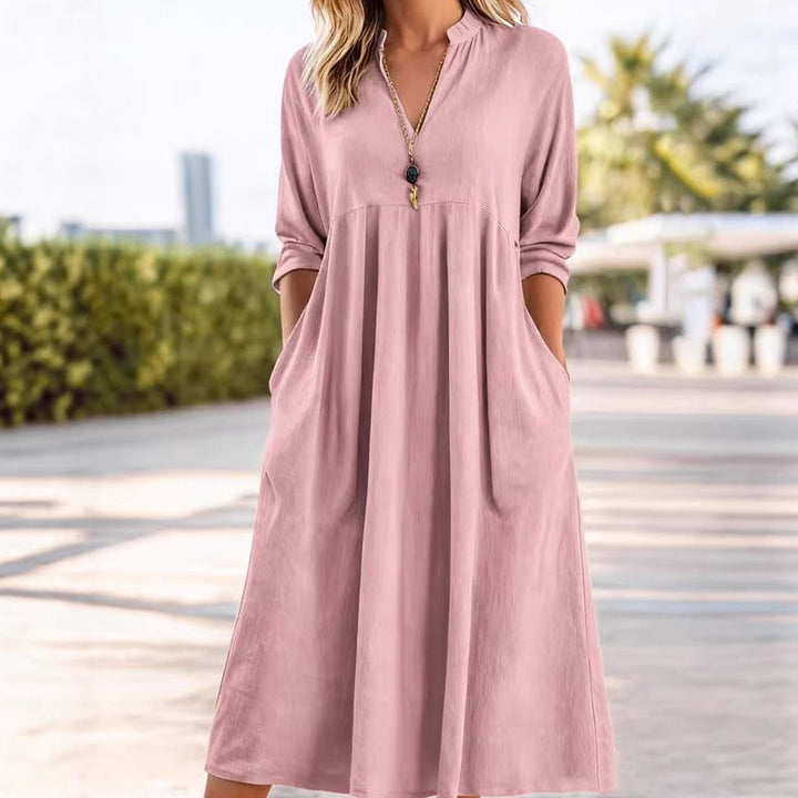 Casual V-Neck Midi Dress with Pockets